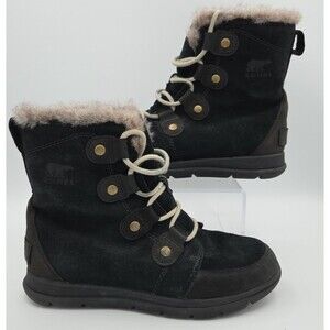 Sorel Womens Size 8 Explorer Joan Winter Snow Ankle Boot- Black Lace Up EUC